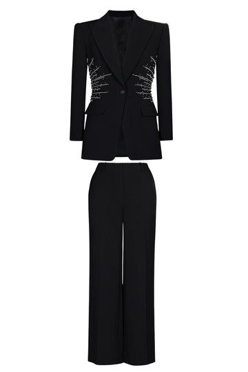 Glitrende sort 2-delt Peak revers Kvinder Prom Suits med Perlearbejde